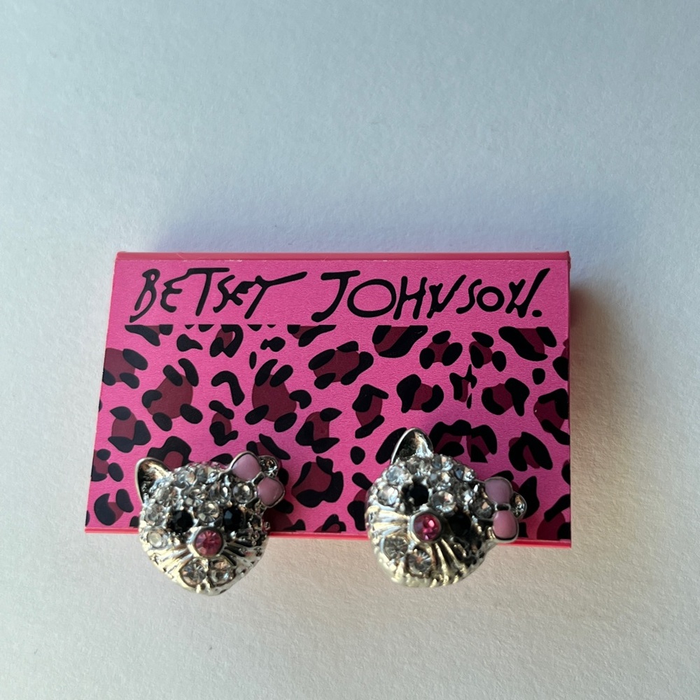 Betsey Johnson Silver Cat Earrings with Pink Accents